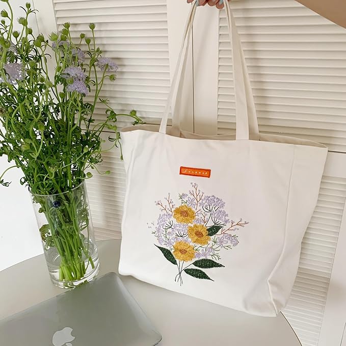 Cotton Canvas Tote Bag Reusable Soft Grocery Cloth Bag Floral Shoulder Bag for Beach Travel Shopping