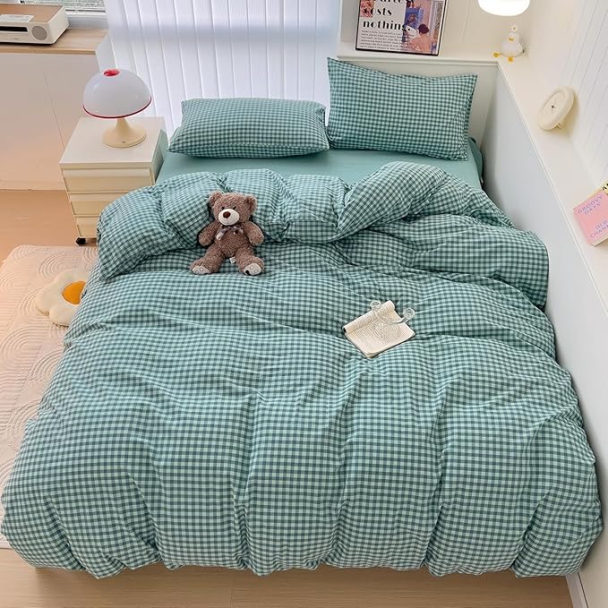 LifeTB Green Gingham Comforter Set King 3 Pieces Plaid Checkered Pattern Comforter Green Blue Grid Bed Comforter Set with 2 Pillowcases Fluffy Soft Checkered Comforter Grid Farmhouse Bedding Set