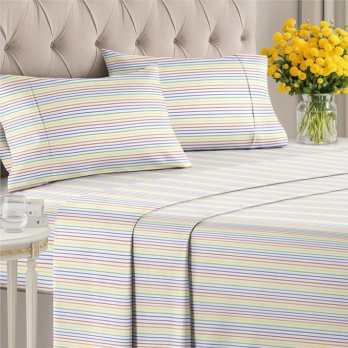 Rainbow Striped Sheet Set - Colorful Striped Bed Set - 1 Flat & 1 Fitted Sheet & 2 Pillowcases w/ Deep Pockets - Wrinkle & Fade Resistant - Soft, Breathable and Cooling - Rainbow Bedding - Queen Size