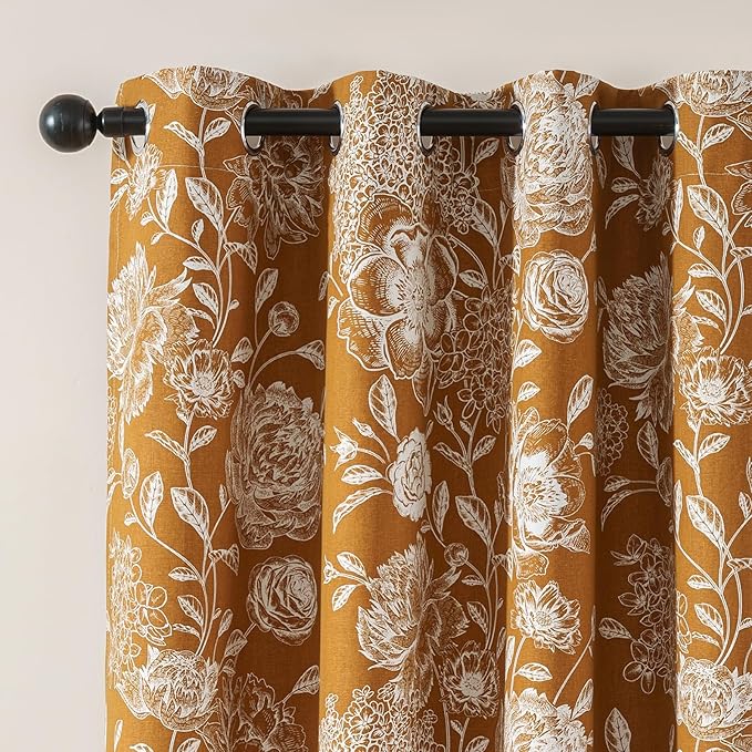 Printed Peony Floral Blackout Curtains for Bedroom- Vintage Orange Bloom Pattern on Cotton Blend Fabric with Grommet Top, 52W x 84L