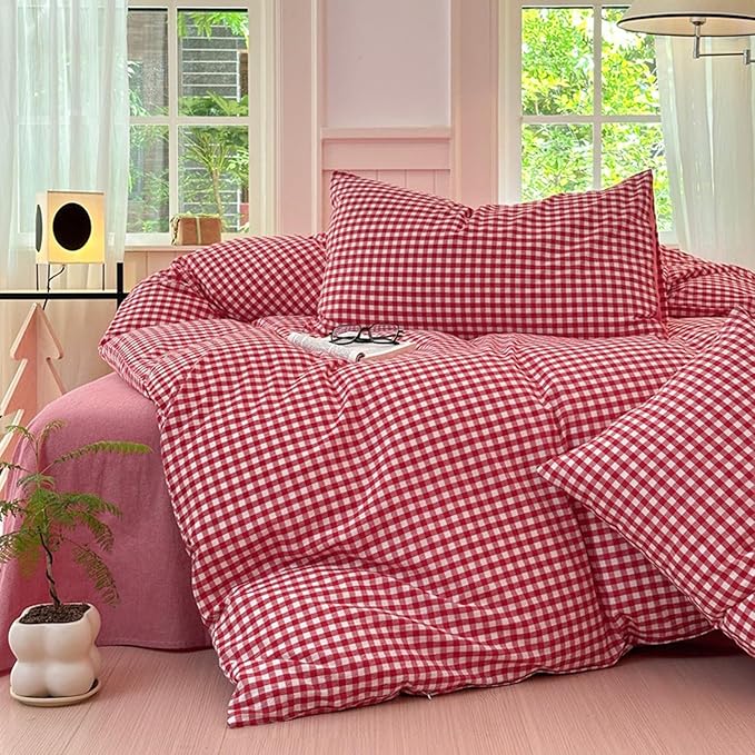 LifeTB Red Gingham Comforter Set King Modern Style Boho Plaid Comforter Set 3 Pieces Soft Fluffy Grid Checkered Pattern Comforter with 2 Pillowcases Farmhouse Gingham Plaid Bedding Set Breathable