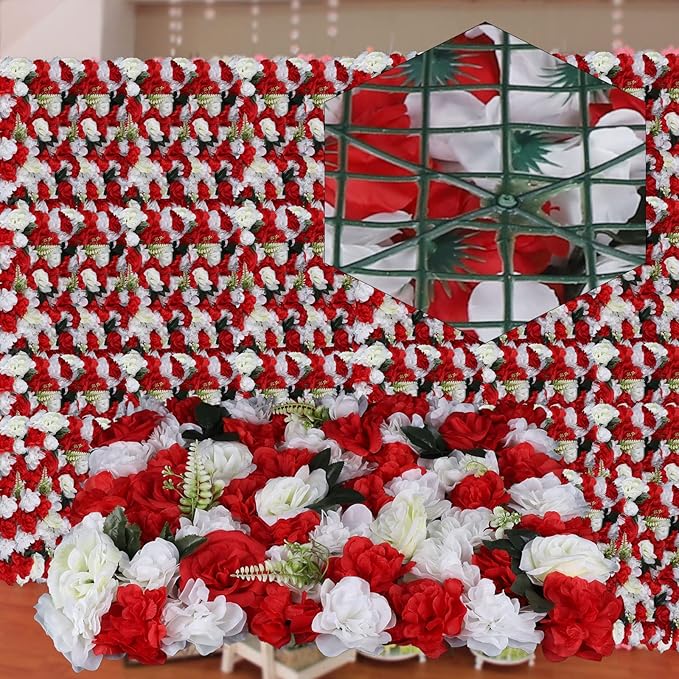 12PCS Flower Wall Panels, 3D Silk Floral Wall Backdrop, Realistic Red Rose Flower Backplanes, Roll Up Fake Flower Background for Valentines Wedding Party Home Decoration