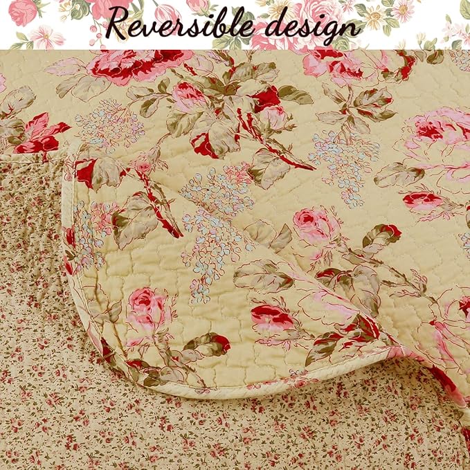 Cozy Line Home Fashions Lelia Pink Rose Blooming Floral Vintage Yellow 100% Cotton Reversible Quilt Bedding Set, Coverlet Bedspread (Rose Vivid, Queen - 3 Piece)