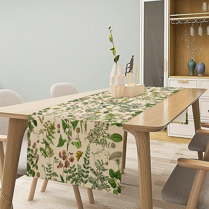 Vintage Botanical Mushroom Table Runner Wild Floral Retro Boho Plants Herbs Ferns Dinner Runner for Farmhouse Cabin Home Kitchen Dining Holiday Party Decor 13x120in