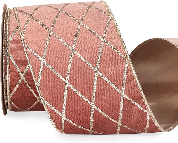 Ribbli Rose Gold Velvet Ribbon Wired with Glitter Diamond Grid 4 Inch Christmas Ribbon for Christmas Tree Decoration Big Bow Gift Wrapping Crafts Wreaths Garland Supplies - 10 Yards