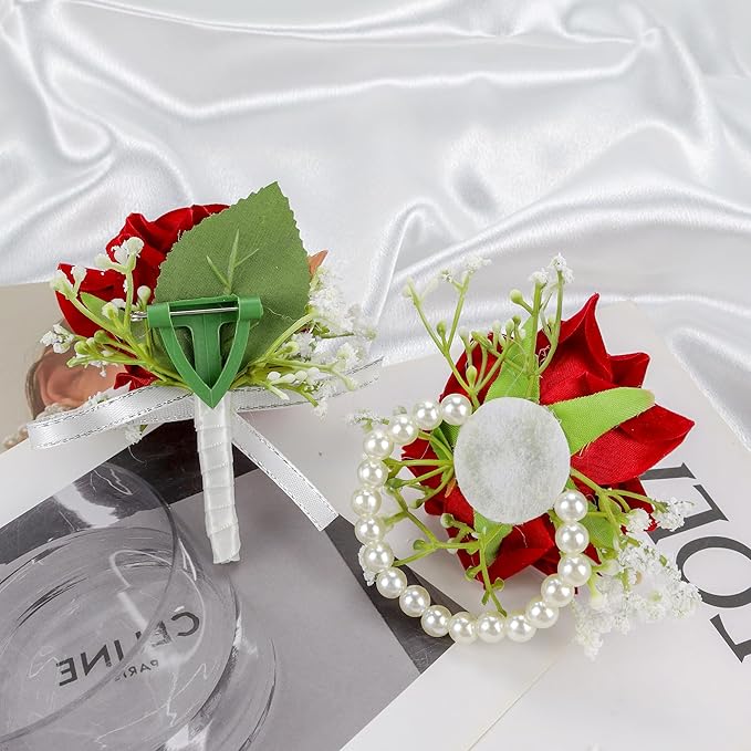SITUMEIZI 2Pcs Red Rose Corsage and Boutonniere Set Corsage Wristlet Band Bracelet for Prom Decor and Boutonniere for Men Wedding Flowers Accessories Party Suit Decoration