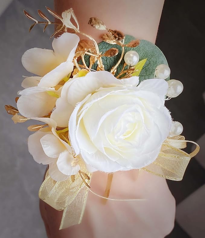 Champagne Boutonniere and Corsage Set - 2Pcs Groom Boutonniere & Wrist Corsage Bracelets for Wedding, Prom and Anniversary,Formal Dinner Party & Ring Bearer & Niece Accessories