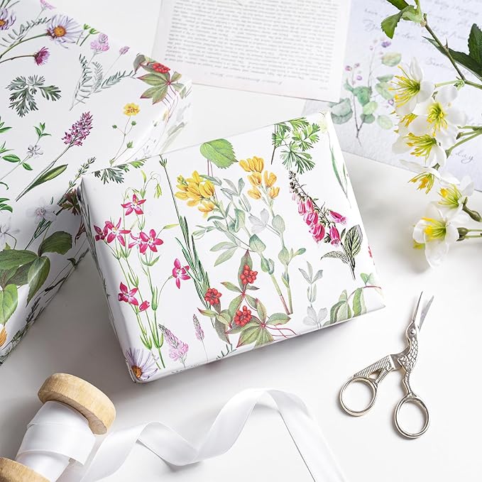 RUSPEPA Floral Wrapping Paper Roll for Women Girls, Mini Roll, Elegant Wild Flower Design Gift Wrap Paper Perfect for Birthdays, Bridal Shower, Spring, Wedding, Mother's Day, 17 Inch x 9.8 Feet