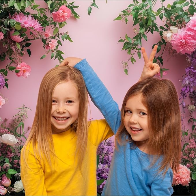 Flowers Photography Backdrop Colorful Flowers Composition Green Leaves on Pink Background for Girls Kids Children Wall Banner Cake Table Decoration Video Studio Photo Portrait Props 20x10ft