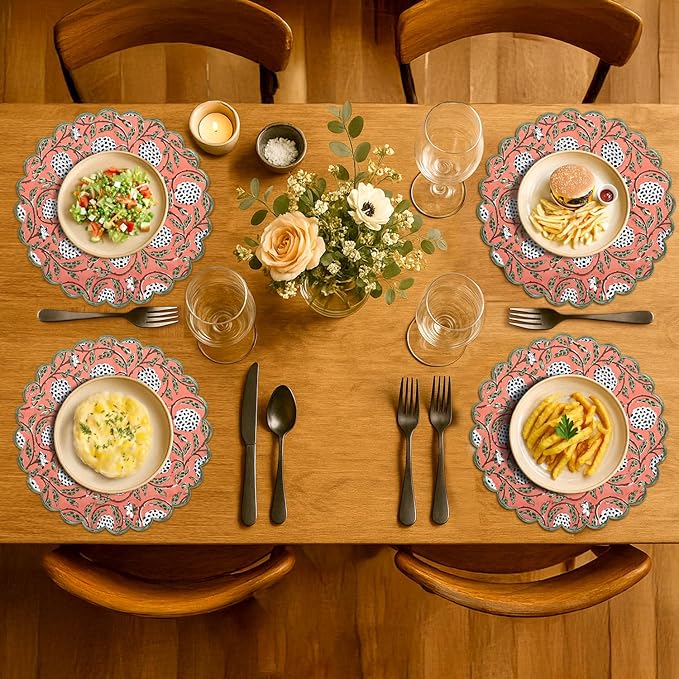 Ridhi Dark Salmon Bo-ho Round Place Mat Double Layer Floral Cotton Washable Placemats 15" Round Embroidery Block Print Table Mat (Pack of 4-15 Inch Round)
