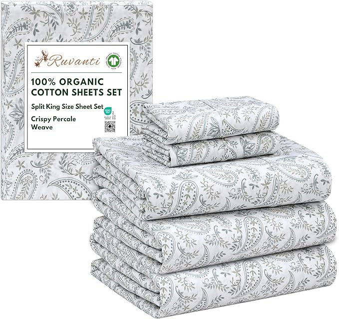 RUVANTI 100% Organic Cotton Sheets Split King, Percale Weave, GOTS Certified, 5-Piece Set, Deep Pocket 15", Crisp & Breathable, Soft Durable Bedding, Sábanas Algodón Orgánico – Ornate Oasis