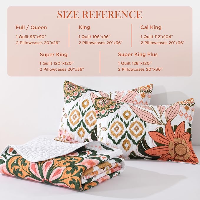Andency Floral Boho Quilt Super King Plus Size Bedding Set Pink, 3 Pieces Farmhouse Flower Botanical Summer Bedspreads with 2 Shams, Soft Reversible Microfiber Coverlet Set for All Season, 128"x120"