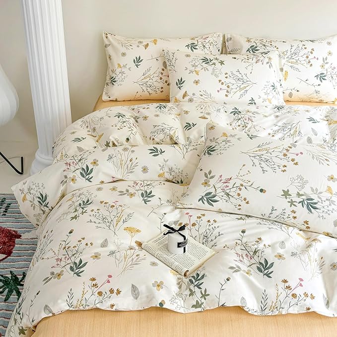 HighBuy Floral Duvet Cover Twin 100% Cotton Girls Yellow Floral Botanical Coquette Bedding Comforter Cover with Zipper Chic Cottagecore Twin Bed Duvet Cover Set 3 Pieces,Lightweight,Breathable