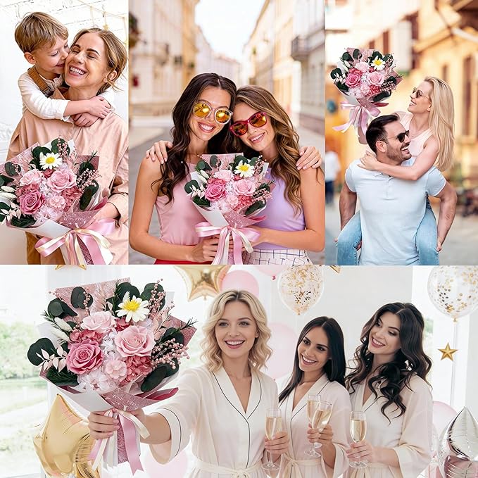 HUACHIPLUS Preserved Roses Bouquet-Good Fortune Gifts for Women Wife Girlfriend Mom-Fresh Flowers Bouquet-Flowers for Delivery Prime on Christmas Valentines Anniversary Mothers Day Birthday (Pink1)