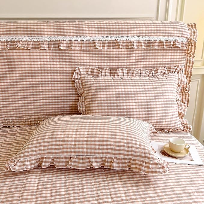 LifeTB Pink Gingham Comforter Set Twin XL Vintage Ruffle Pink Plaid Comforter Set Soft Fluffy 3 Pieces Grid Checkered Pattern Comforter with 2 Pillowcases Farmhouse Gingham Bedding Set Twin XL
