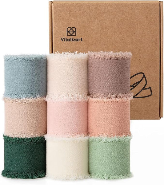 Vitalizart 1" x 27 Yd Chiffon Silk Ribbon Mixed Color Ribbons Set 3 Yd x 9 Rolls Fringe Fabric for Wedding Invitations Bridal Bouquets Party Decoration Gift Wrapping Bow Making