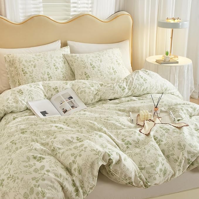 Garden Style Green Floral Comforter Set Queen White Soft Fluffy Microfiber Comforter Chic Floral Printed Bedding Set Vintage Flowers Leaves Botanical Comforter Set All Seasons Queen Comforter Set
