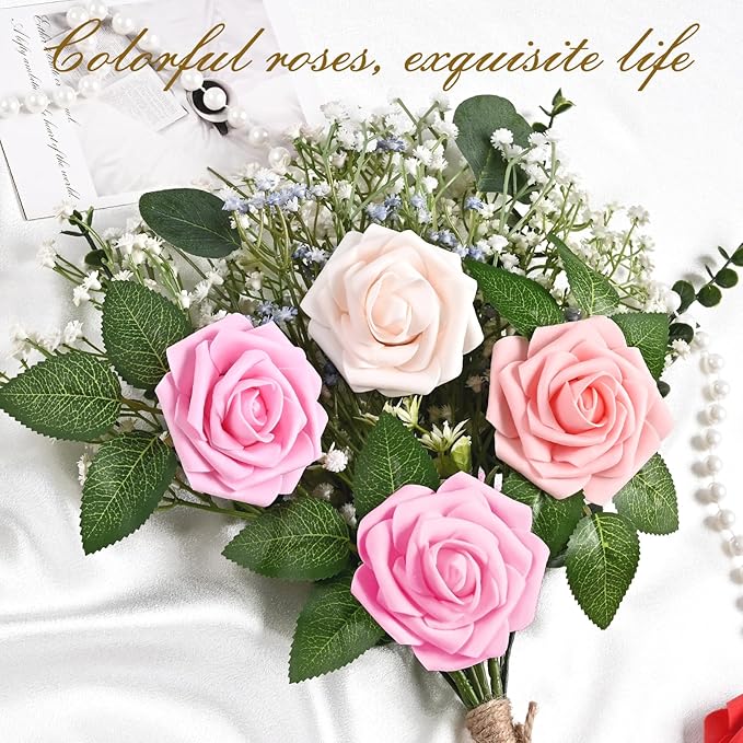 BLEUM CADE 36Pcs Artificial Flowers Fake Roses with Stems, Gradient Red & Pink Boxed Foam Roses for DIY Bouquets Centerpieces Wedding Party Arrangement Bridal Shower Decor