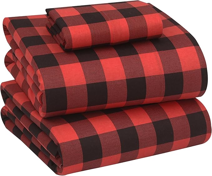 RUVANTI Flannel Sheets Twin Size - 100% Cotton Double Brushed Twin Sheets Set, Deep Pockets 16 Inches, All Seasons Breathable & Extra Soft Bed Sheets, Warm & Cozy, 3 Piece, Red & Black Plaid