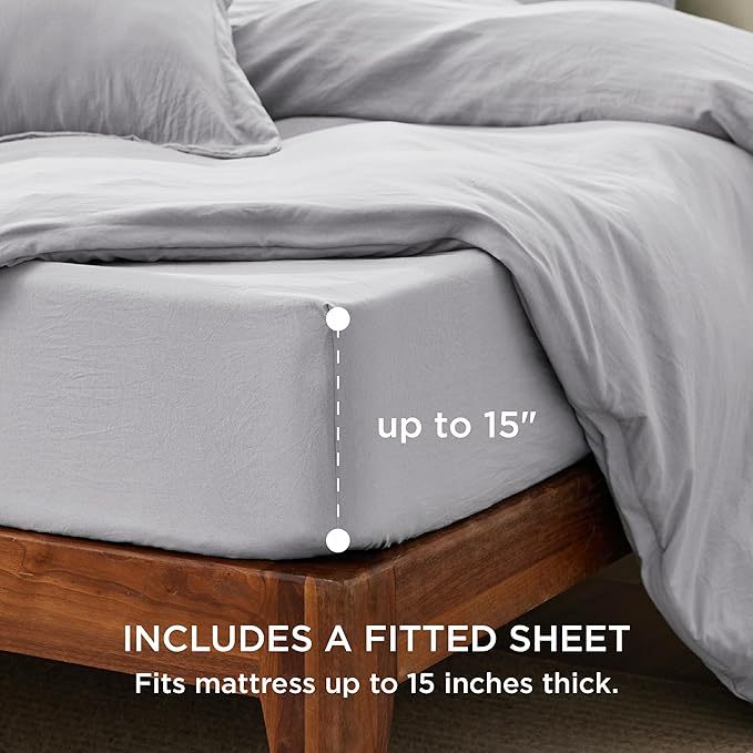 Bedsure Duvet Cover King Size with Fitted Sheet - 4 Pieces Prewashed Cotton-Like Extra Soft Bedding Set, Includes 1 Duvet Cover 104x90 Inches, 2 Pillow Shams, 1 Fitted Sheet, Light Grey