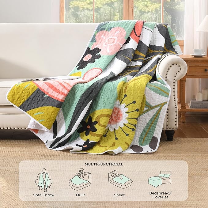 Andency Floral Boho Queen Quilt Bedding Set Green, 3 Pieces Farmhouse Flower Botanical Summer Bedspreads with 2 Shams, Soft Reversible Lightweight Microfiber Coverlet Set for All Season, 90"x96"