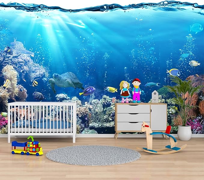 Kids Ocean Wallpaper Underwater Creatures Coral Reef Wall Mural for Children's Room Nursery（Not Peel and Stick）