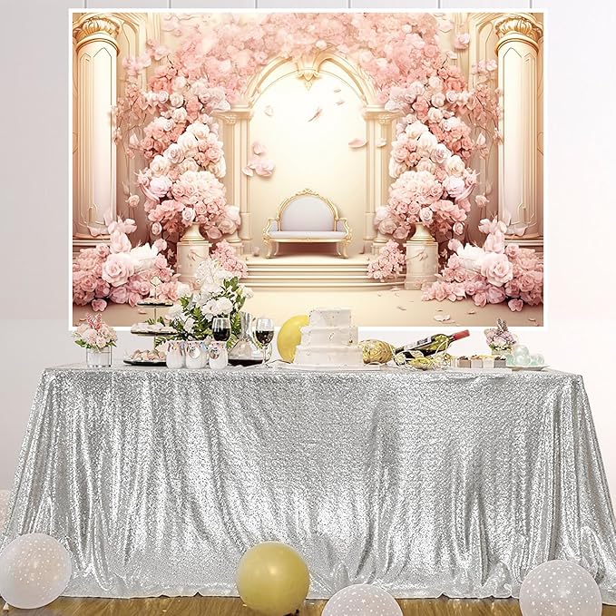 AOFOTO 9x6ft Wedding Backdrop Palace Hall Wall Spring Pink Flower Arch Background for Photography Bridal Shower Valentine's Day Prom Decoration Banner Girl Portrait Photo Booth Backdrop