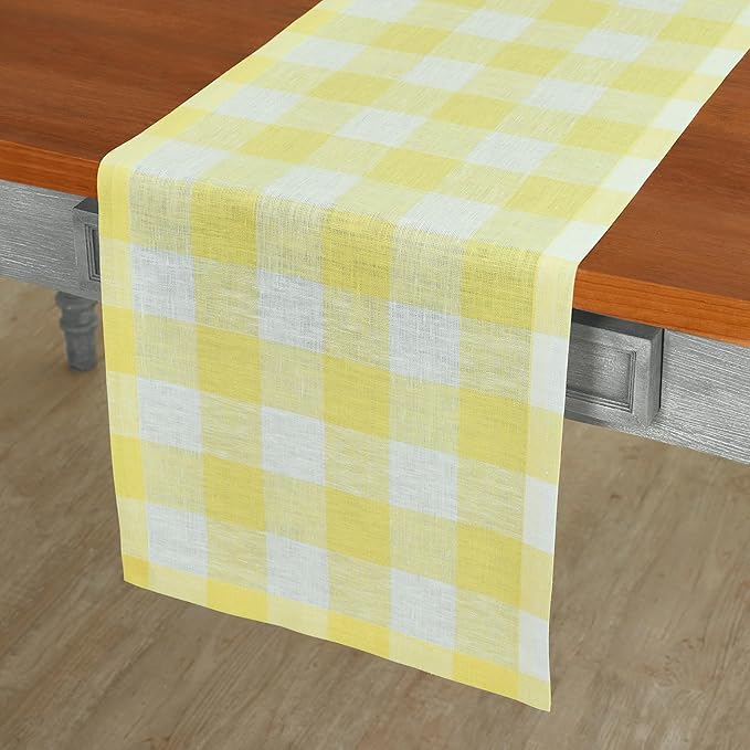 Solino Home Linen Checkered Table Runners 72 Inches Long - 100% Pure Linen Yellow and White Buffalo Check Table Runner 14 x 72 Inch Ideal for Dresser, Dining, Spring, Easter