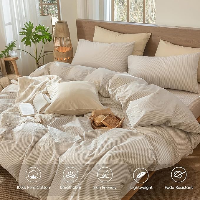 MooMee Striped Duvet Cover Set 100% Washed Cotton Linen Like Textured Breathable Durable Soft Comfy (Tannish Linen Grey White Pinstripes, Palatial King/Oversized King 120"x98")