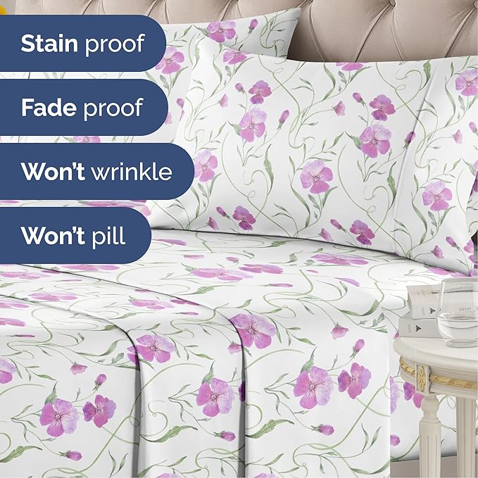 Floral Sheets - Pink Floral Bed Sheet Set - 1 Flat, 1 Fitted & 1 Pillowcase w/ Deep Pockets - Comfy, Wrinkle & Fade Free - Boho Botanical Bedding - Ultra-Soft, Breathable and Cooling - Twin Size Set