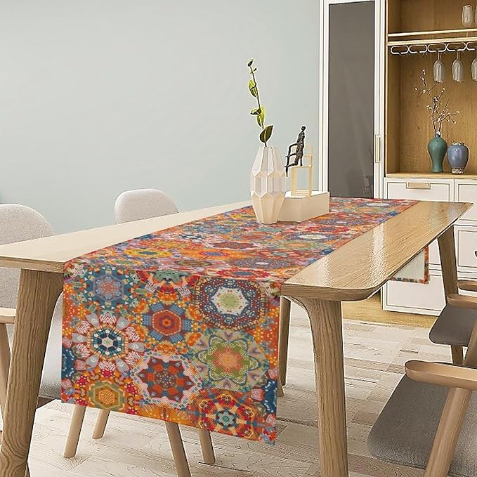 Boho Table Runner, Orange Geometric Mandala Flower Fall Farmhouse Decor Table Runner for Kitchen Dining Party Home Decoration, 13x36 Inch