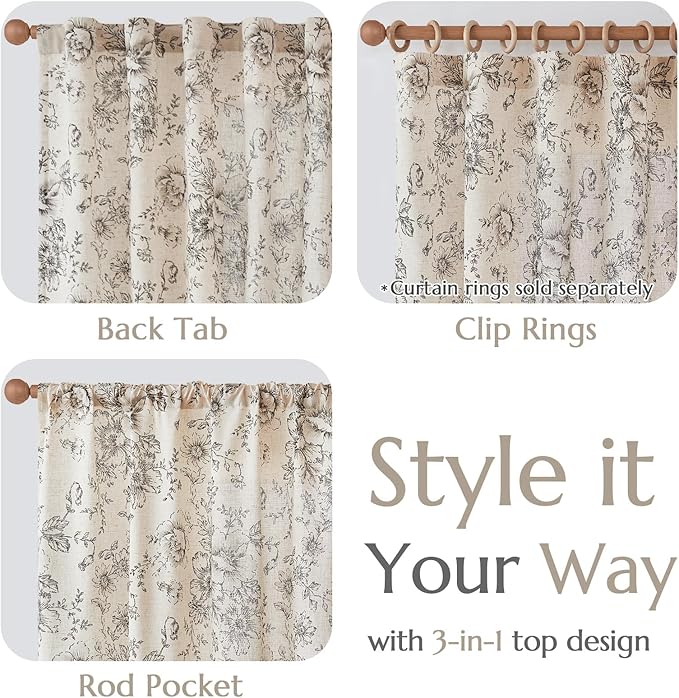 jinchan Lined Linen Blend Curtain Floral Curtains for Living Room 90 Inches Long Black Peony Flower Printed Curtain Back Tab Farmhouse Patterned Drapes Bedroom Window Curtains Set 2 Panels