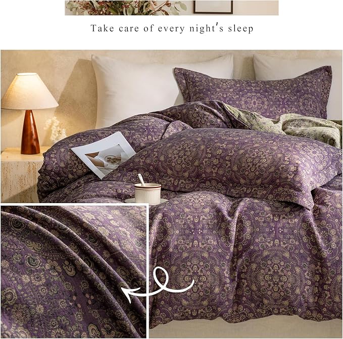 LifeTB Jacquard Retro Flower Duvet Cover Twin Purple Green Floral Duvet Cover Set Jacquard Yarn-Dyed Cotton Boho Medallion Bedding Set Reversible Retro Flower Comforter Cover with Zipper Closure