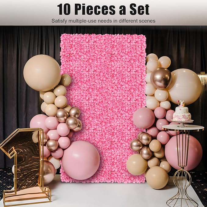 3D Flower Wall Panel, 10pcs Pink Artificial Floral Wall Backdrop, Realistic Silk Flower Backplanes, Roll Up Fake Flower Background for Valentines Wedding Party Photo Arrangement Decor