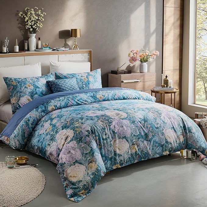 100% Cotton Duvet Cover King Size – Navy Blue Watercolor Floral Duvet Cover Set with Zipper Closure & Corner Ties, 3-Piece Silky Soft & Breathable Bedding Set for All Seasons