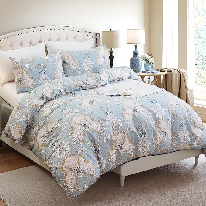 100% Natural Cotton Duvet Cover Set King 3 Pcs Grayish Blue Duvet Cover with Luxurious Damask Pattern, Reversible Breathable Soft Comforter Cover Sets with Zipper Closure All Season