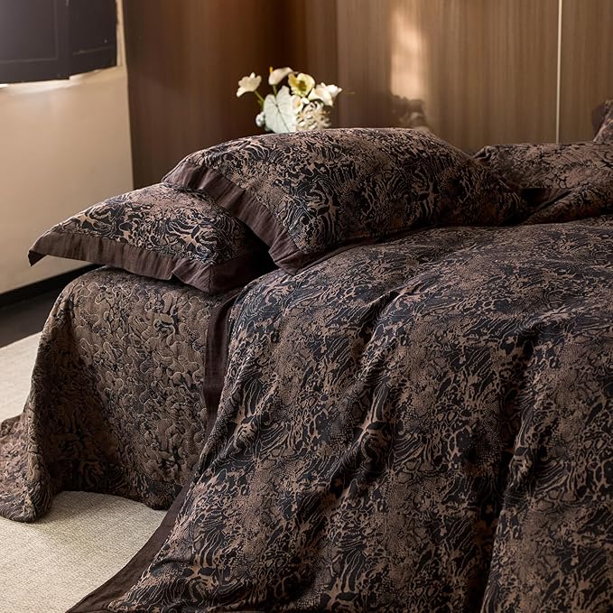 mixinni Duvet Cover Set Queen, Vintage Opulence Yarn-Dyed Jacquard Double-Layer Cotton Comforter Cover with Wide Corner Design, Retro Art Pattern Bedding Set with 2 Pillowcases for Men & Women