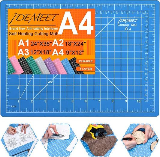 Density-upgraded 9"x12" Self Healing Cutting Mat, Idemeet Rotary Sewing Mat for Crafts, 5-Ply Blade Table Protector Cut Board for Fabric Leather Cutting Quilting Modeling Hobby Project, A4, Blue
