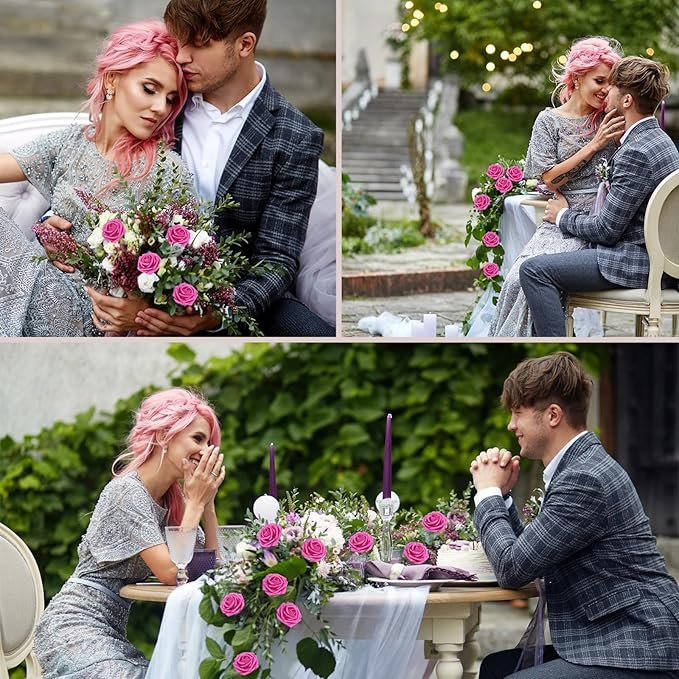 100Pcs Artificial Flowers Hot Pink Roses Real Looking Foam Fake Roses with Leaves and for DIY Wedding Bouquets Bridal Shower Centerpieces Party Decorations (Hot Pink, 100)