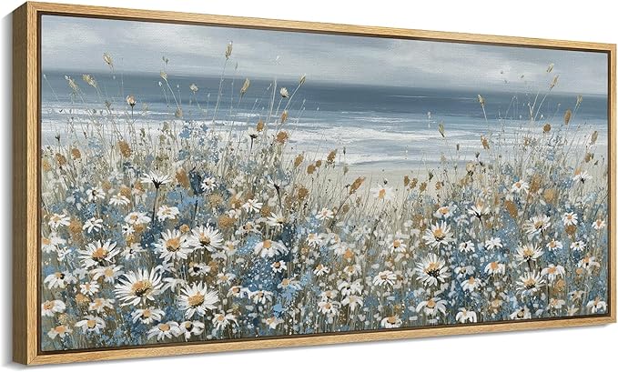 SIGNFORD Extra Large Framed Canvas Print Wall Art Coastal Wildflowers Beach Meadow Landscape llustrations Modern Art Relax/Calm Warm for Living Room, Bedroom, Office - 60"x30"