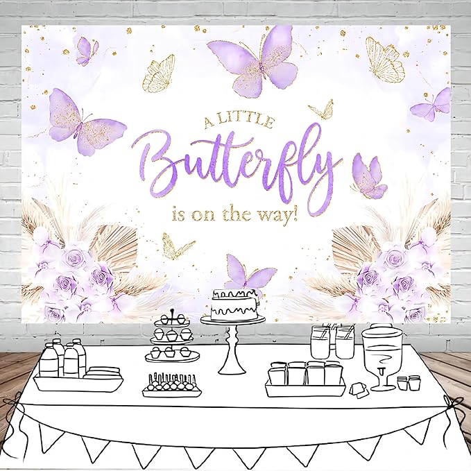 Mocsicka Butterfly Baby Shower Backdrop for Girl's A Little Butterfly is on The Way Pink Florals Flowers Photography Background Princess Girl Party Decoration Photography Props (8x6ft, Purple)
