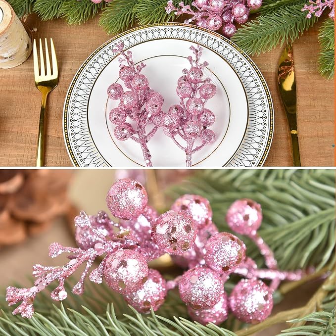 14 Pack Christmas Glitter Berries Stems Clearance, 7.8 Inch Artificial Pink Christmas Picks for Christmas Tree Ornaments, DIY Xmas Wreath, Crafts, Holiday and Home Decor (Pink)