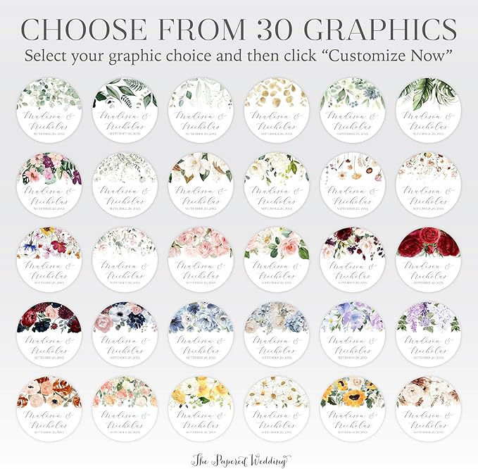 Personalized Floral Wedding Stickers with Your Choice of 30 Flower Styles - Choose Font and One of Five Pre-made Phrases or Add Custom Text (019 - Navy, Red, and Pink Flowers)
