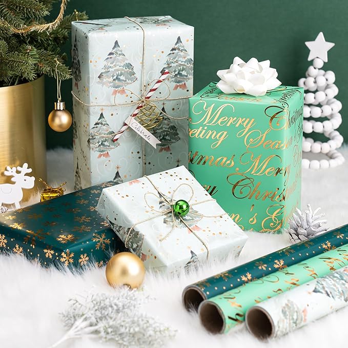 WRAPAHOLIC Christmas Wrapping Paper - 3 Rolls, 17 Inch X 120 Inch Each - Green Foil Christmas Tree, Snowflake Designs with Metallic Shine - Perfect for Christmas, Holiday