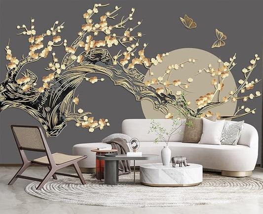 Golden Branches Butterflies Moon Wall Mural Wallpaper for Bedroom 137" x 100"