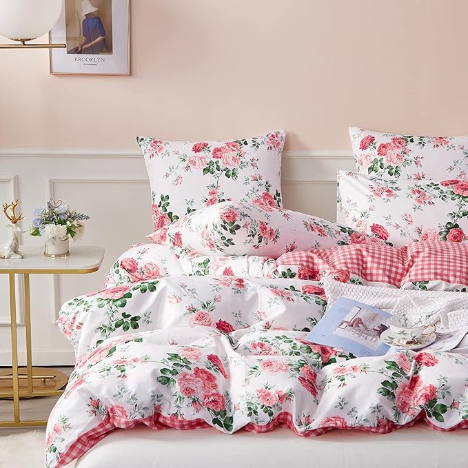 Rose Flower Duvet Cover Twin XL Pink Plaid Grid Floral Duvet Cover 100% Microfiber Girls Flower Comforter Cover with Zipper Closure Cottagecore Bedding Set Botanical Floral Comforter Cover Twin XL