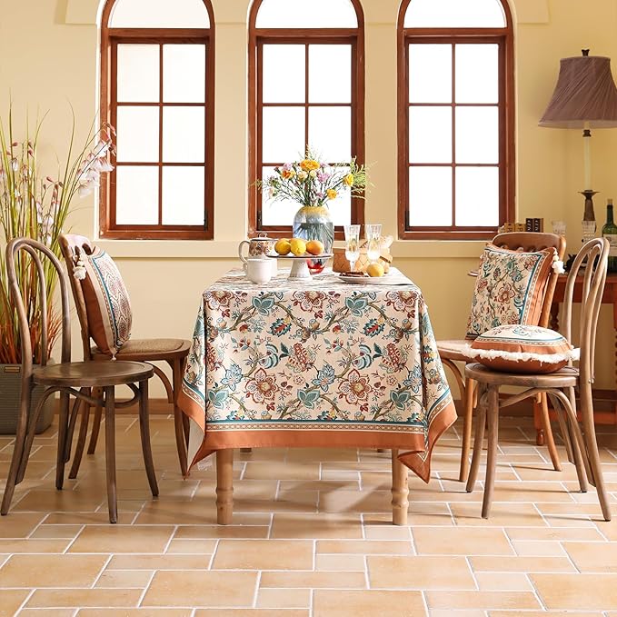 Linen Colorful Floral Rectangle Tablecloth,Vintage Indian Colorfast Block Print Extra Long Table Cloth,Decor Table Cover for Kitchen,Dining,Thanksgiving,Christmas,63"*110"-Mangala