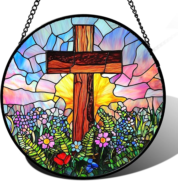 Christian Gifts for Women - Cross Stained Glass Window Hanging Jesus Easter Colorful Wildflowers Sun Catcher Garden Religion Decor Mother's Day Catholic Gift for Men Grandma Mom Her 7.8"