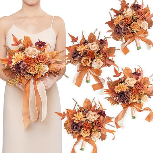 TINGE TIME 7 Inch Wedding Bouquets for Bridesmaid, Set of 4, Artificial Flowers Cascading Bridal Bouquet for Fall Wedding Ceremony Anniversary Bridal Shower and Rustic Vintage Wedding (Maple Red)