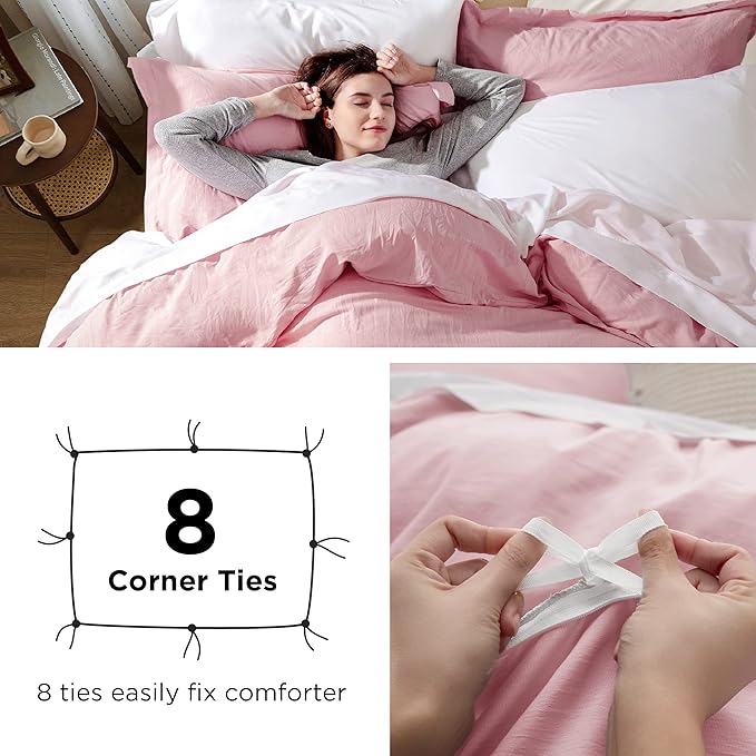 Bedsure Pink Duvet Cover Full Size - 3 Pieces Prewashed Extra Soft Cotton-Like Bedding Set, Includes 1 Duvet Cover 80x90 Inches with Zipper Closure & 2 Pillow Shams, Comforter Not Included